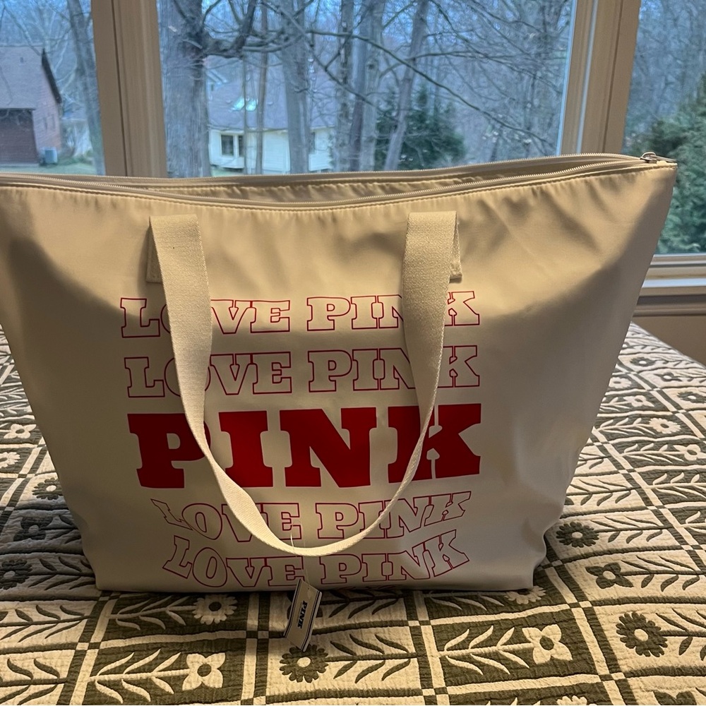 PINK Victoria's Secret White Tote with Red Logo Print